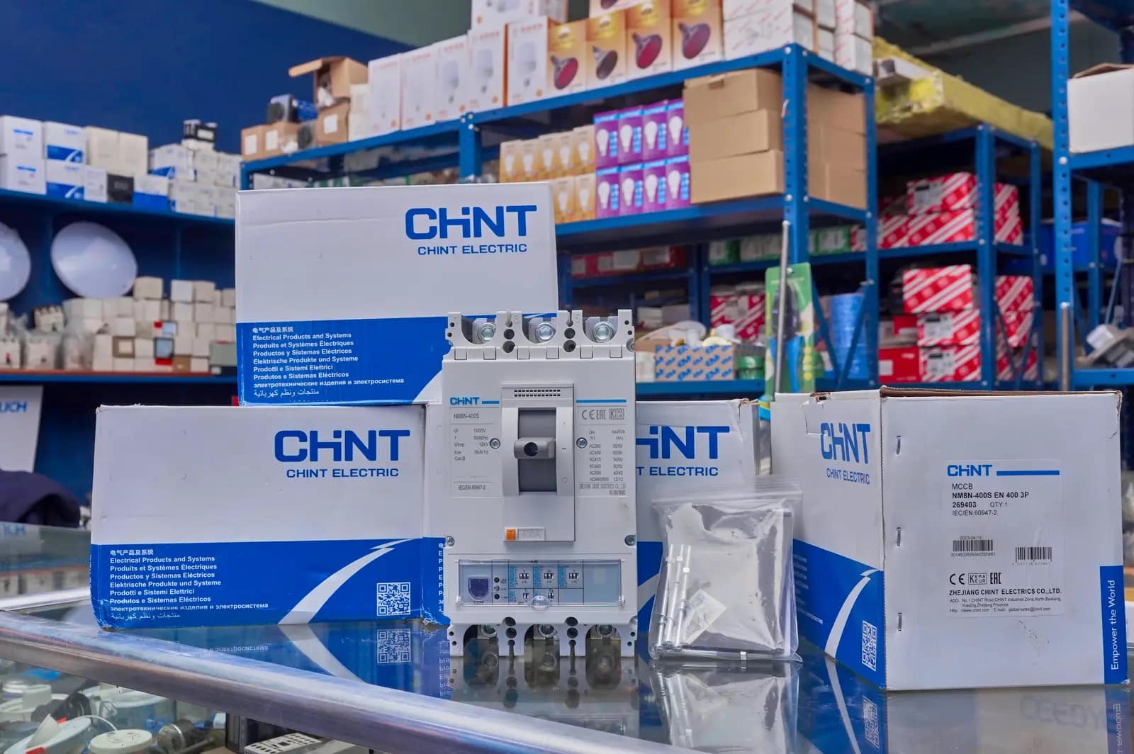 CHINT electrical components and breakers displayed in a supply store